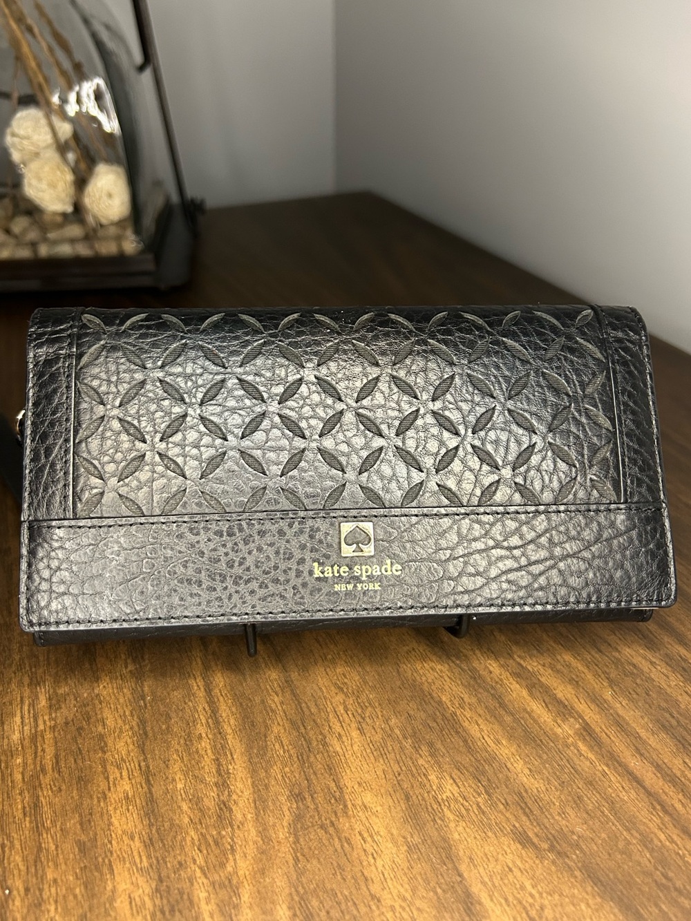 AS IS Kate Spade New York Perri Lane Black Perforated Wristlet Wallet TORN SEAM